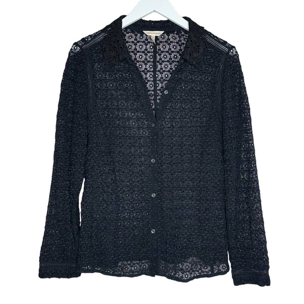 Rebecca Taylor Black Crochet Eyelet Lace Top Cotton Silk Blend Floral Shirt 10
